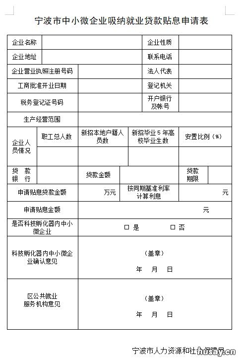 宁波市中小微企业吸纳就业贷款贴息申请表样表+下载 宁波中小企业融资