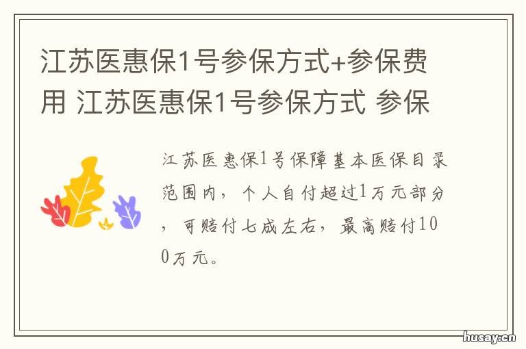江苏医惠保1号参保方式+参保费用 江苏医保统筹支付标准
